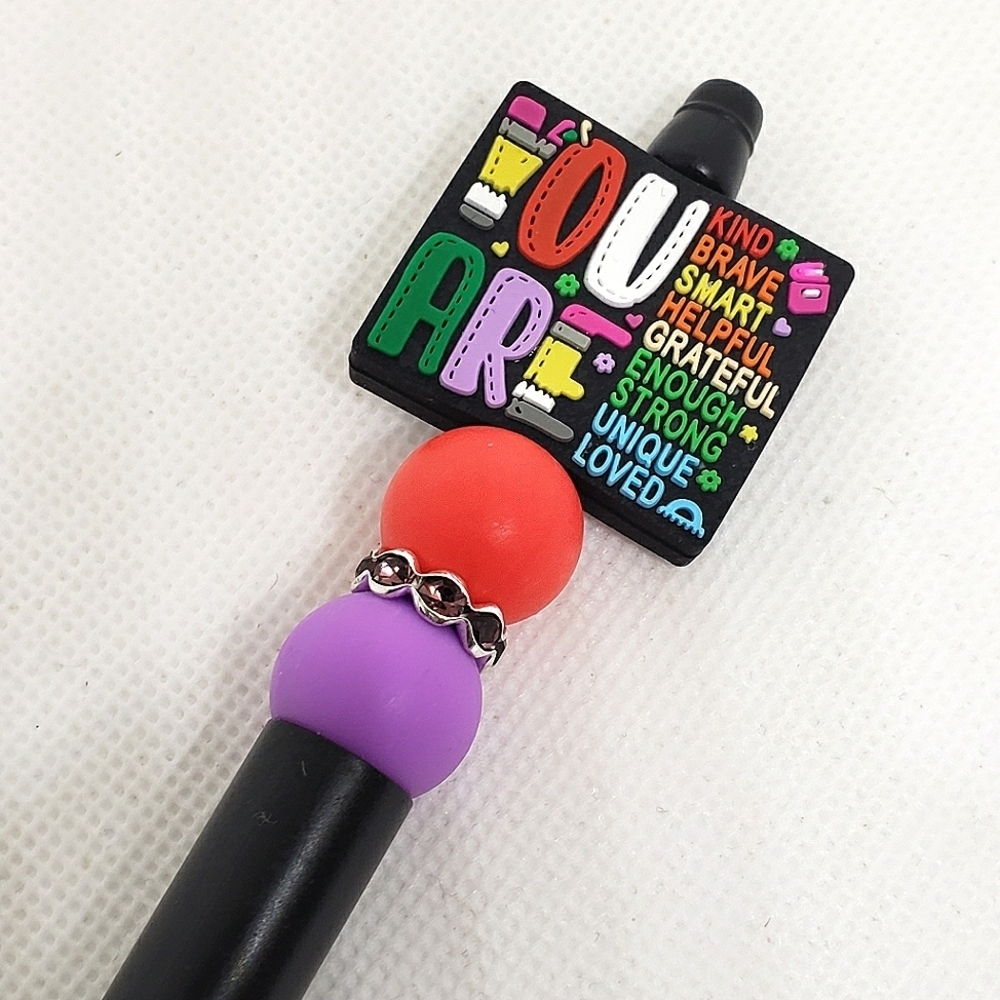 Handmade Positive You Are Enough Kind Brave Beaded Silicone Focal Bead Pen